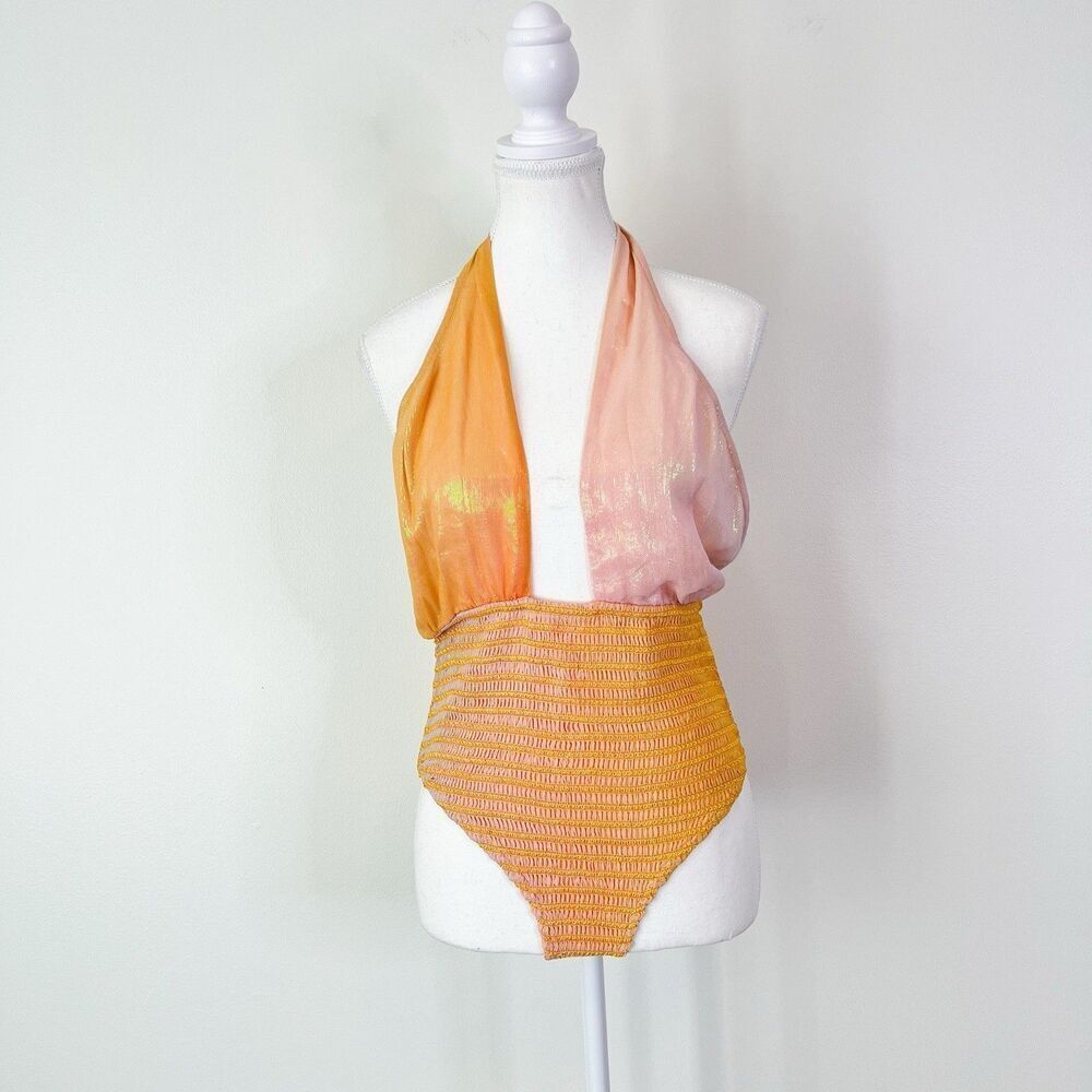 Rococo Sand Leal Halter Bodysuit NEW Metallic Size Large Orange Pink - Picture 4 of 12